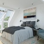 White master bedroom with skylight panels on one wall