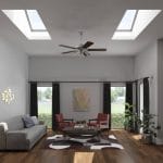 Living room with wood flooring that has two skylights on the left and right side