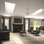 Living room with a fireplace featuring two skylight panels on the left and