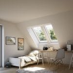 White bedroom with skylight panels on one wall